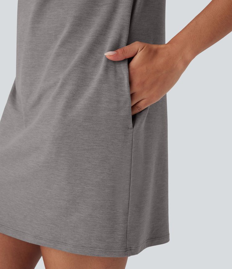 Hooded Drawstring Sleeveless Straight Mini Casual Dress with Pockets