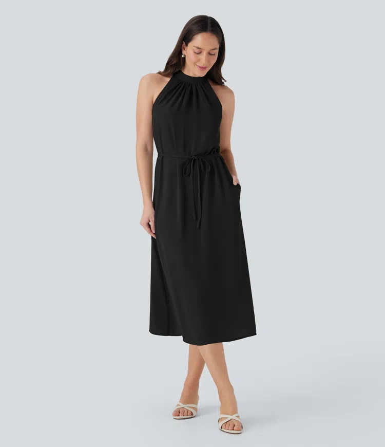 Halter Keyhole Back Belted Midi Casual Dress with Pockets