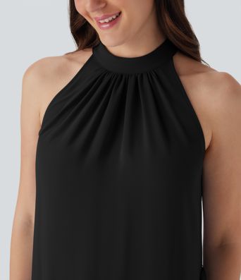 Halter Keyhole Back Belted Midi Casual Dress with Side Pockets Halter Keyhole Back Belted Midi Casual Dress with Side Pockets