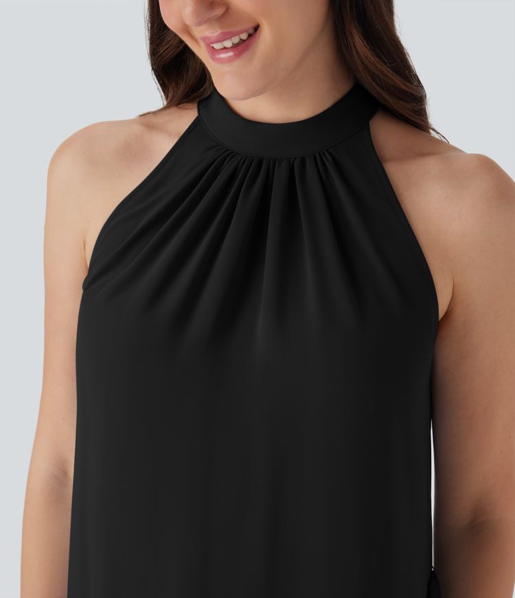 Halter Keyhole Back Belted Midi Casual Dress with Side Pockets Halter Keyhole Back Belted Midi Casual Dress with Side Pockets