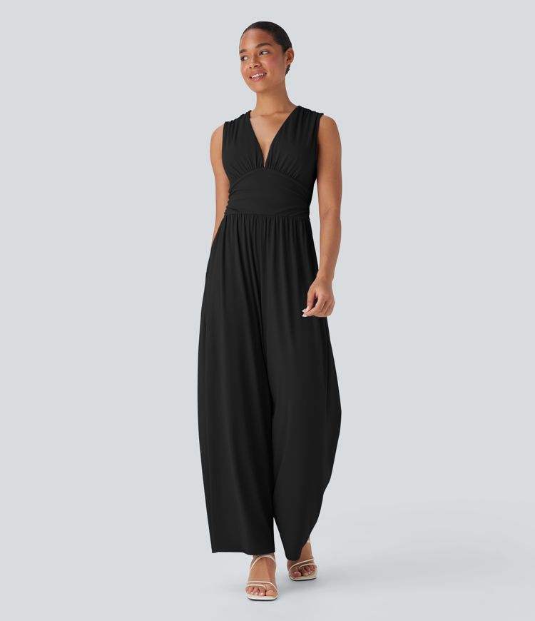 Softlyzero™ Airy V Neck Sleeveless Ruched Side Pocket Invisible Zipper Cool Touch Casual Jumpsuit-Easy Peezy