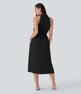 Halter Keyhole Back Belted Midi Casual Dress with Side Pockets Halter Keyhole Back Belted Midi Casual Dress with Side Pockets