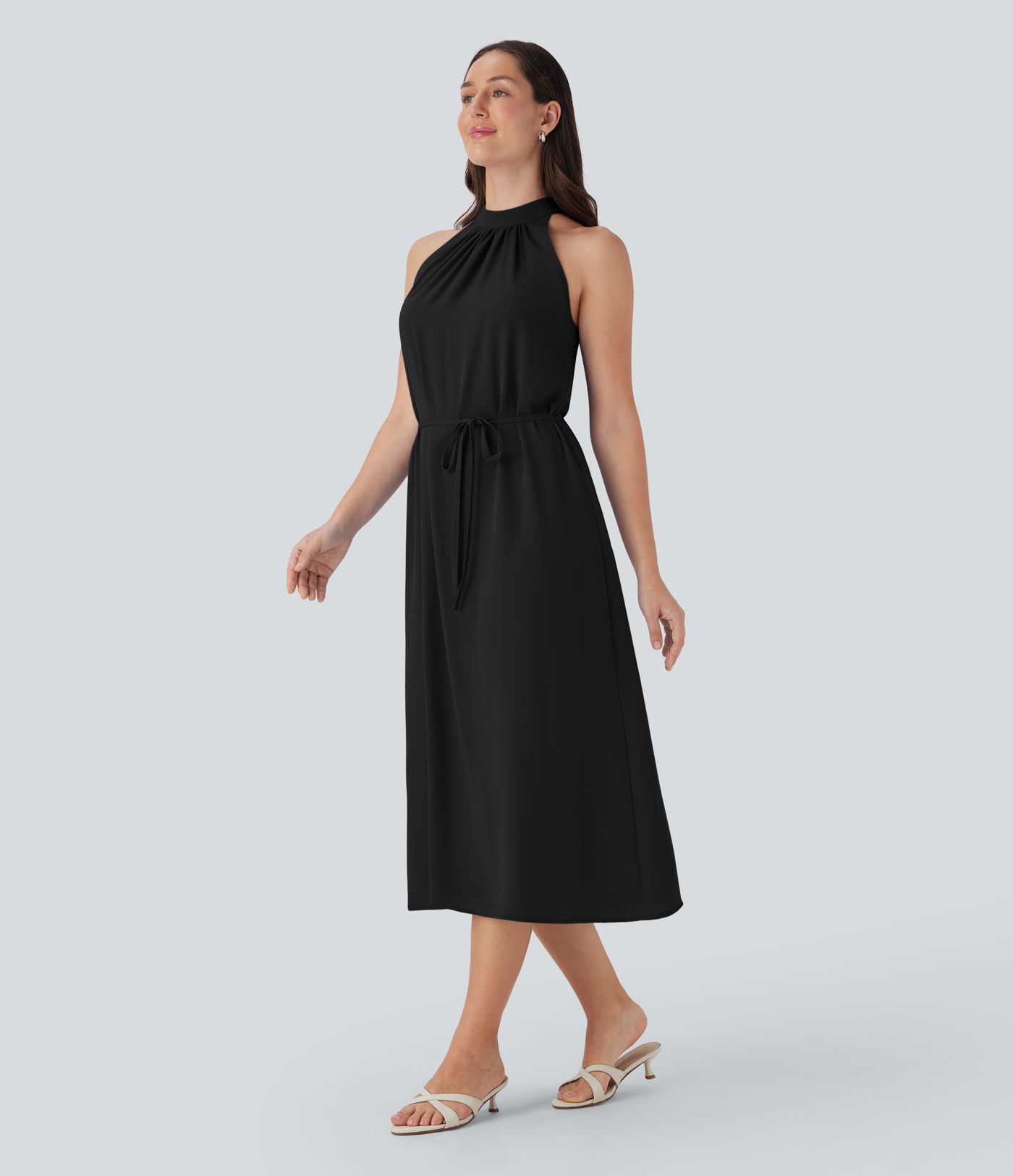 Halter Keyhole Back Belted Midi Casual Dress with Side Pockets Halter Keyhole Back Belted Midi Casual Dress with Side Pockets