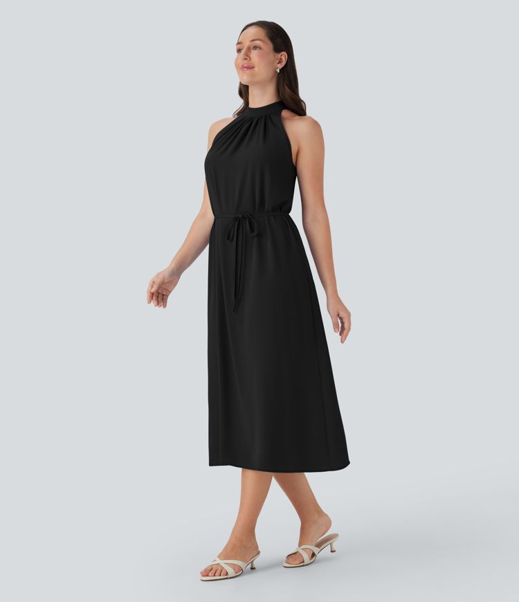 Halter Keyhole Back Belted Midi Casual Dress with Side Pockets Halter Keyhole Back Belted Midi Casual Dress with Side Pockets