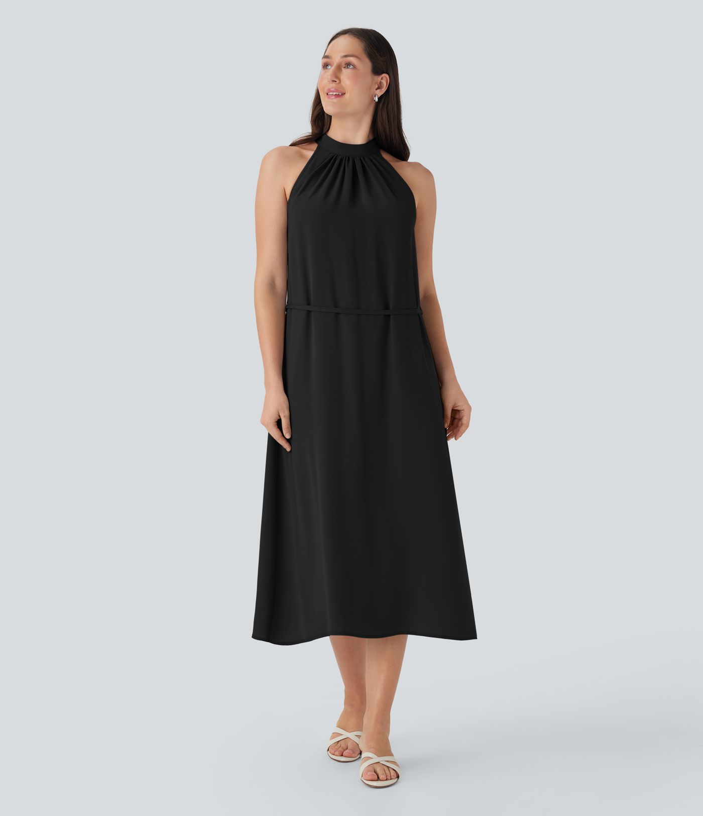 Halter Keyhole Back Belted Midi Casual Dress with Side Pockets Halter Keyhole Back Belted Midi Casual Dress with Side Pockets
