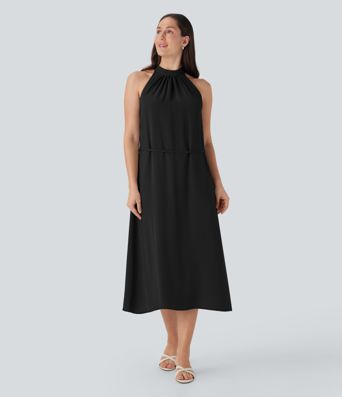 Halter Keyhole Back Belted Midi Casual Dress with Side Pockets Halter Keyhole Back Belted Midi Casual Dress with Side Pockets