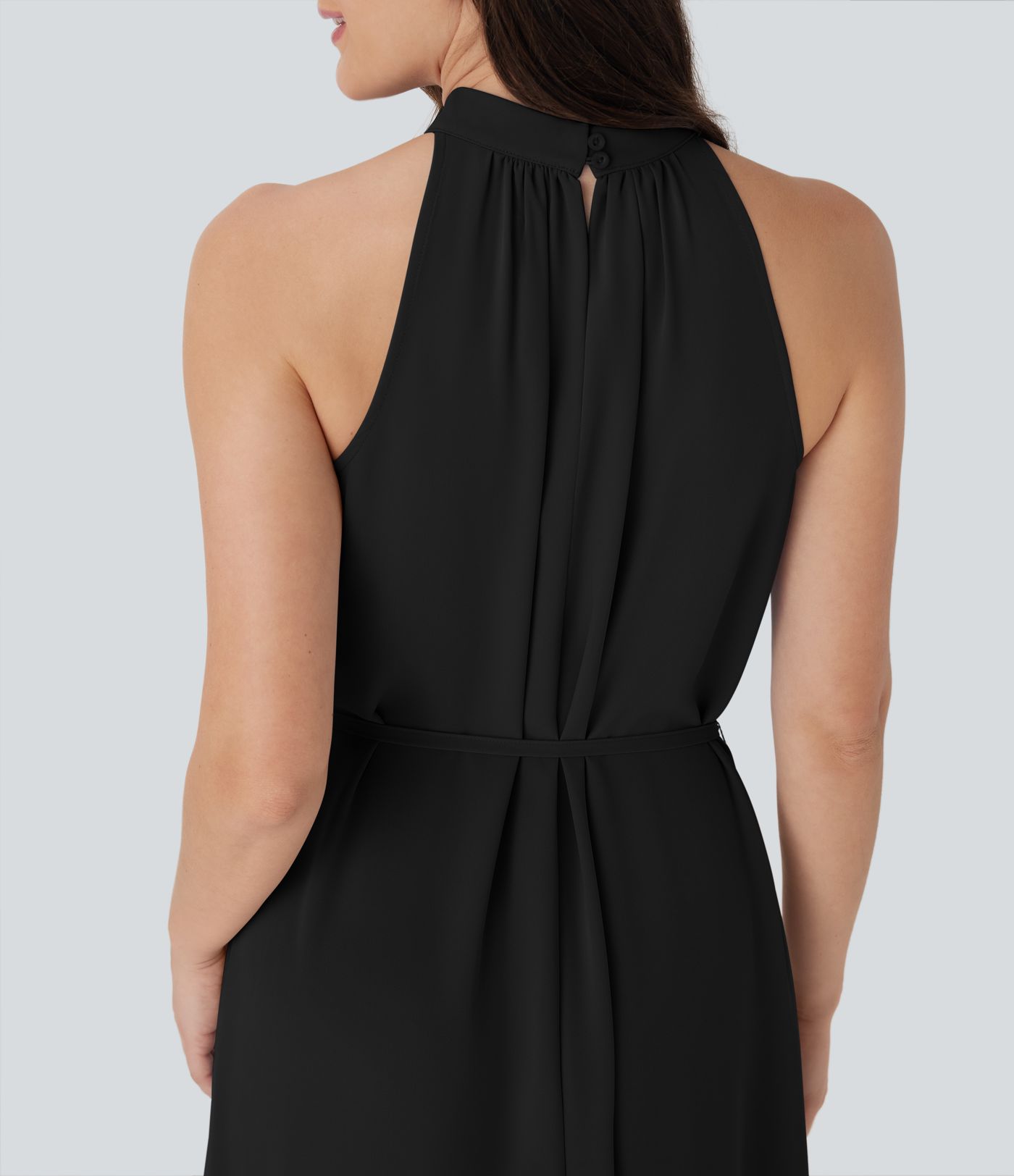 Halter Keyhole Back Belted Midi Casual Dress with Side Pockets Halter Keyhole Back Belted Midi Casual Dress with Side Pockets
