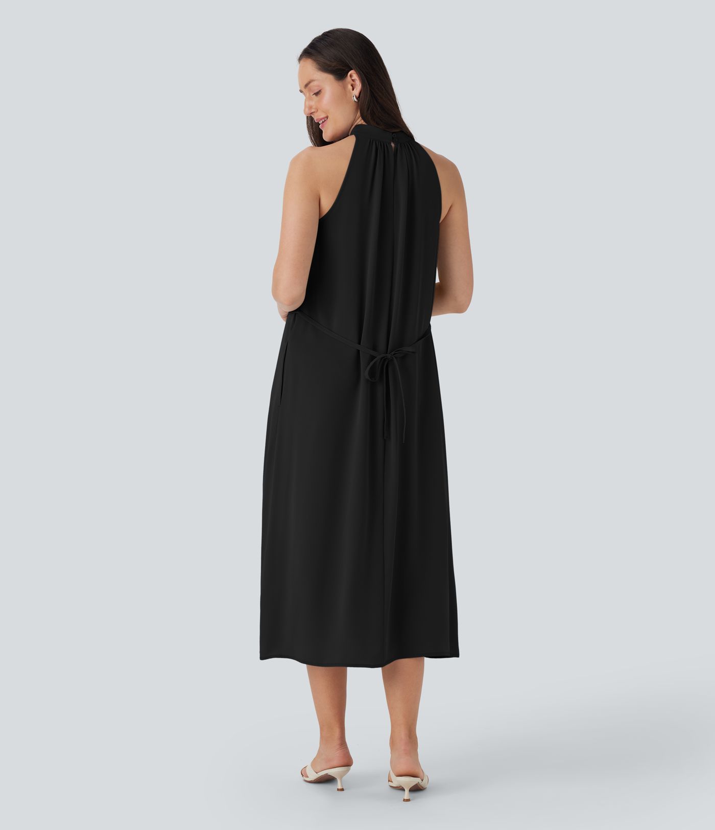 Halter Keyhole Back Belted Midi Casual Dress with Side Pockets Halter Keyhole Back Belted Midi Casual Dress with Side Pockets
