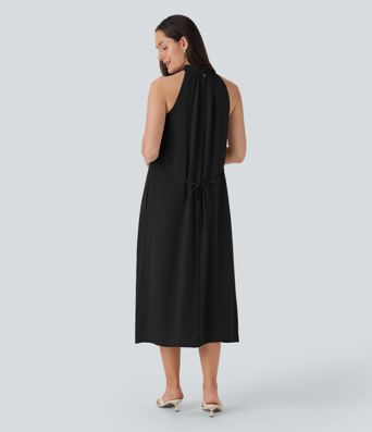 Halter Keyhole Back Belted Midi Casual Dress with Side Pockets Halter Keyhole Back Belted Midi Casual Dress with Side Pockets