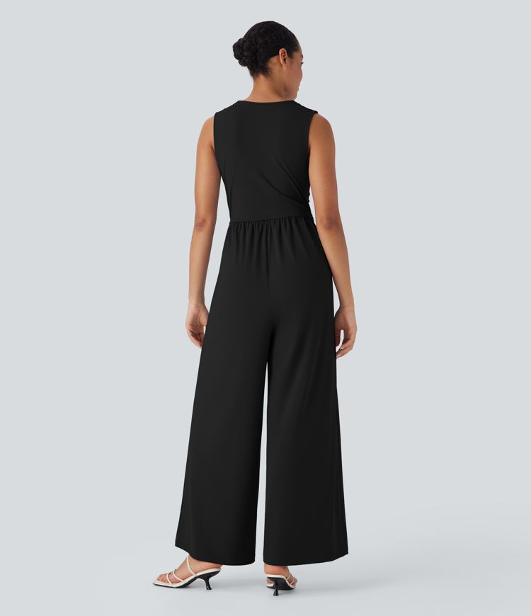 Softlyzero™ Airy V Neck Sleeveless Ruched Side Pocket Invisible Zipper Cool Touch Casual Jumpsuit-Easy Peezy