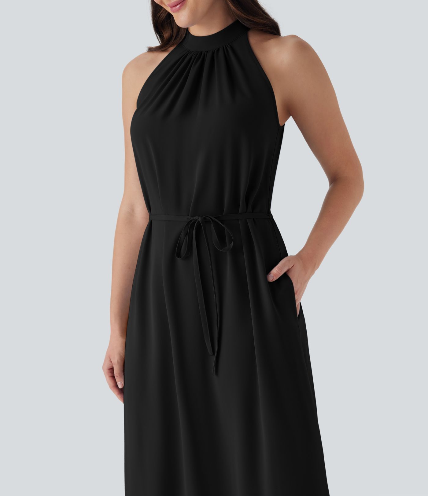 Halter Keyhole Back Belted Midi Casual Dress with Side Pockets Halter Keyhole Back Belted Midi Casual Dress with Side Pockets