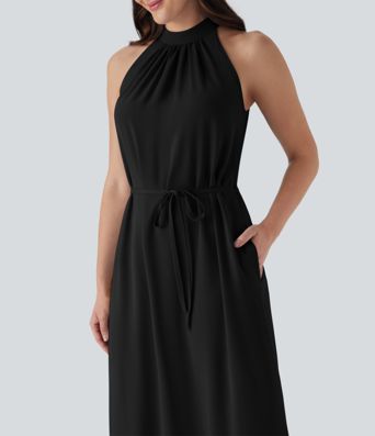 Halter Keyhole Back Belted Midi Casual Dress with Side Pockets Halter Keyhole Back Belted Midi Casual Dress with Side Pockets