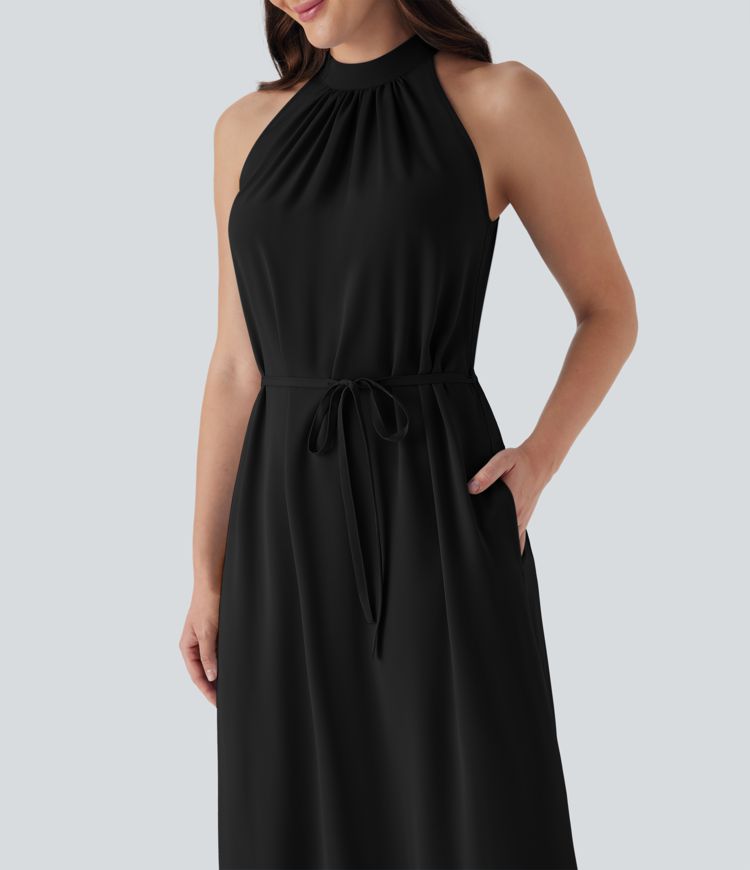Halter Keyhole Back Belted Midi Casual Dress with Side Pockets Halter Keyhole Back Belted Midi Casual Dress with Side Pockets