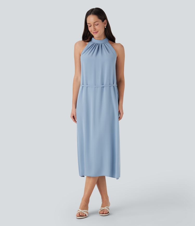 Halter Keyhole Back Belted Midi Casual Dress with Pockets