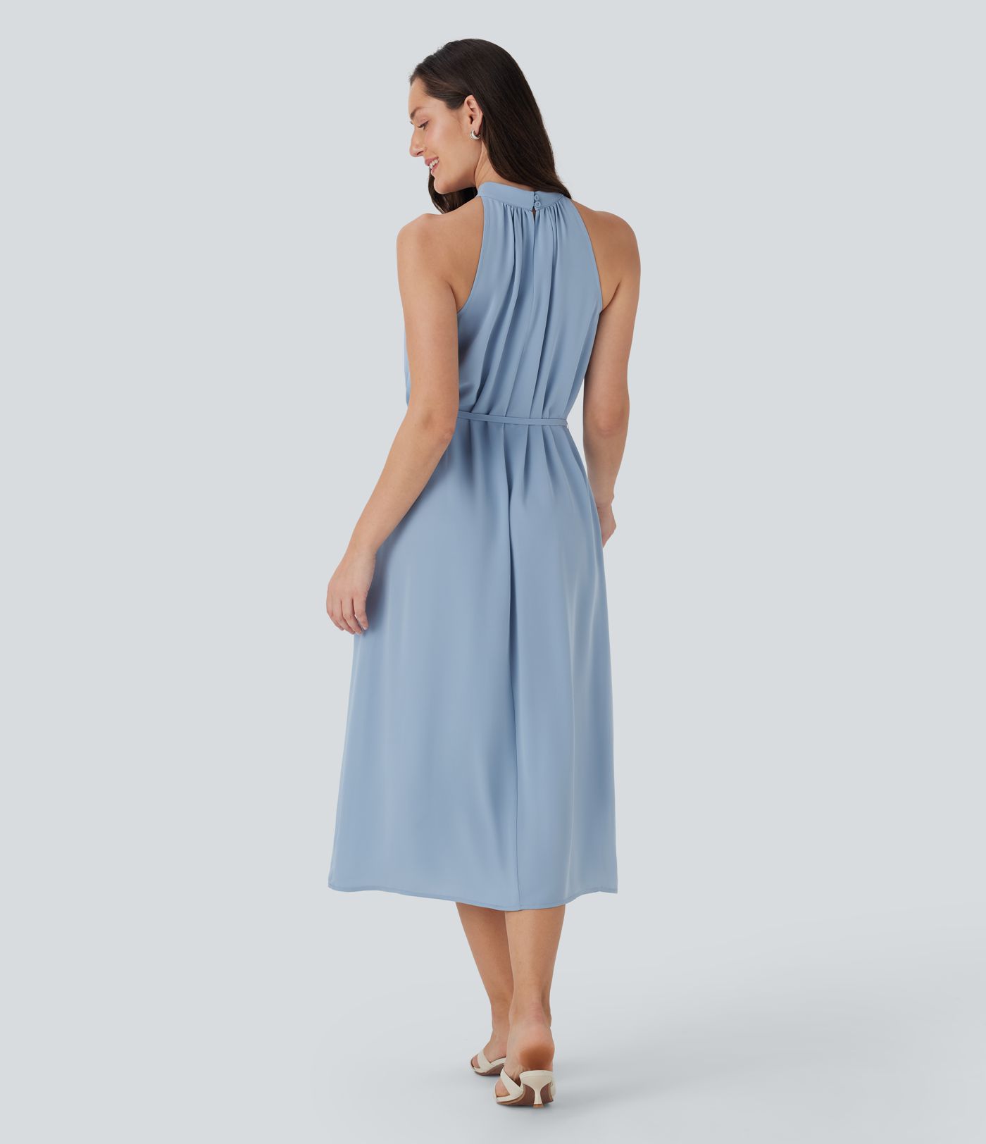 Halter Keyhole Back Belted Midi Casual Dress with Pockets