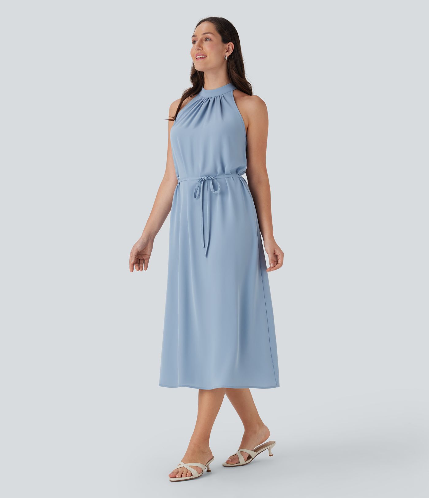 Halter Keyhole Back Belted Midi Casual Dress with Pockets