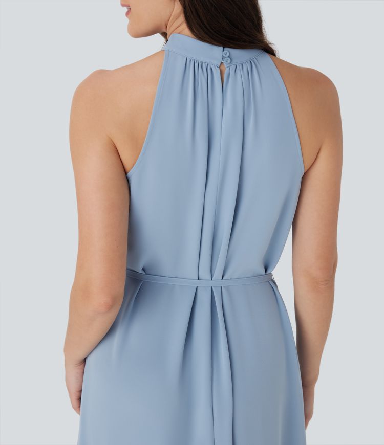 Halter Keyhole Back Belted Midi Casual Dress with Pockets