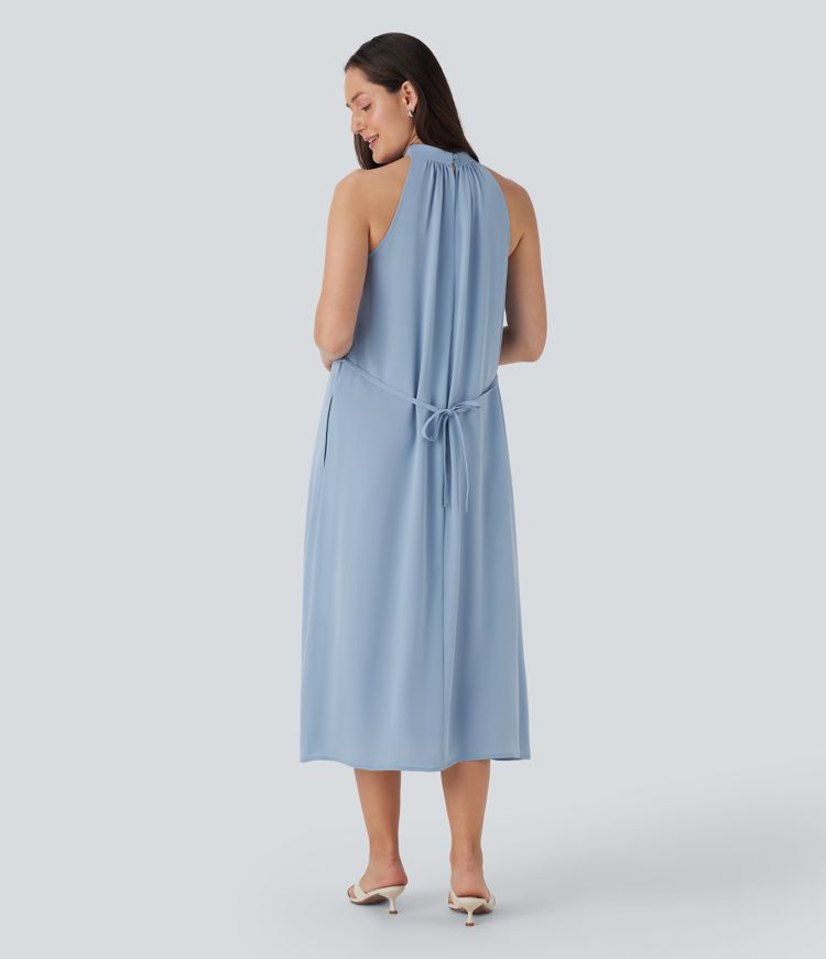Halter Keyhole Back Belted Midi Casual Dress with Pockets