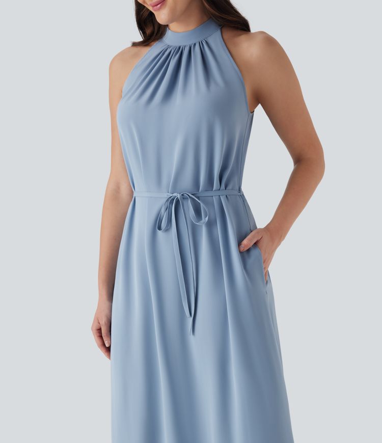 Halter Keyhole Back Belted Midi Casual Dress with Pockets