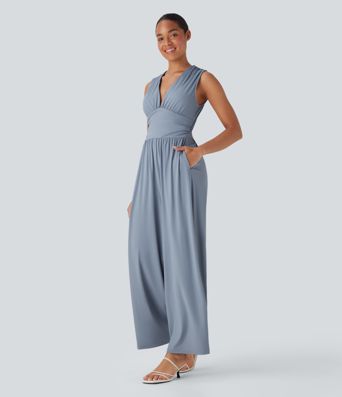 SoftlyZero™ Airy V Neck Sleeveless Ruched Pocket InstantCool Casual Jumpsuit-Easy Peezy SoftlyZero™ Airy V Neck Sleeveless Ruched Pocket InstantCool Casual Jumpsuit-Easy Peezy