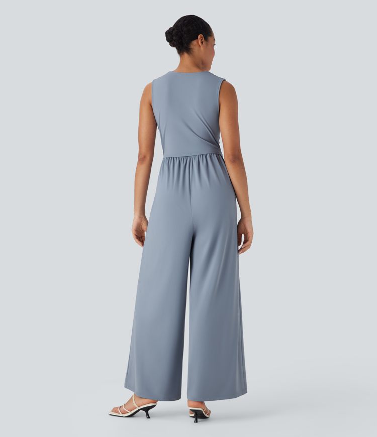Softlyzero™ Airy V Neck Sleeveless Ruched Side Pocket Invisible Zipper Cool Touch Casual Jumpsuit-Easy Peezy