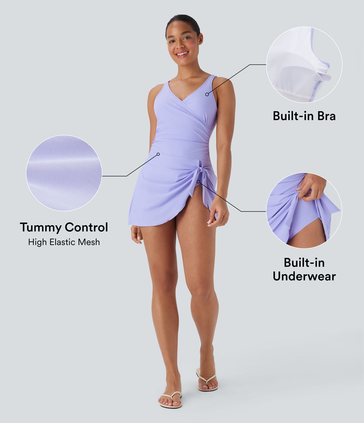 Crossover V Neck Backless Ruched Asymmetric Tie Hem 2-in-1 Tummy Control One Piece Swimsuit