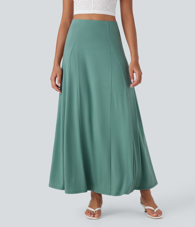 High Waisted Side Zipper Maxi Casual Flare Skirt