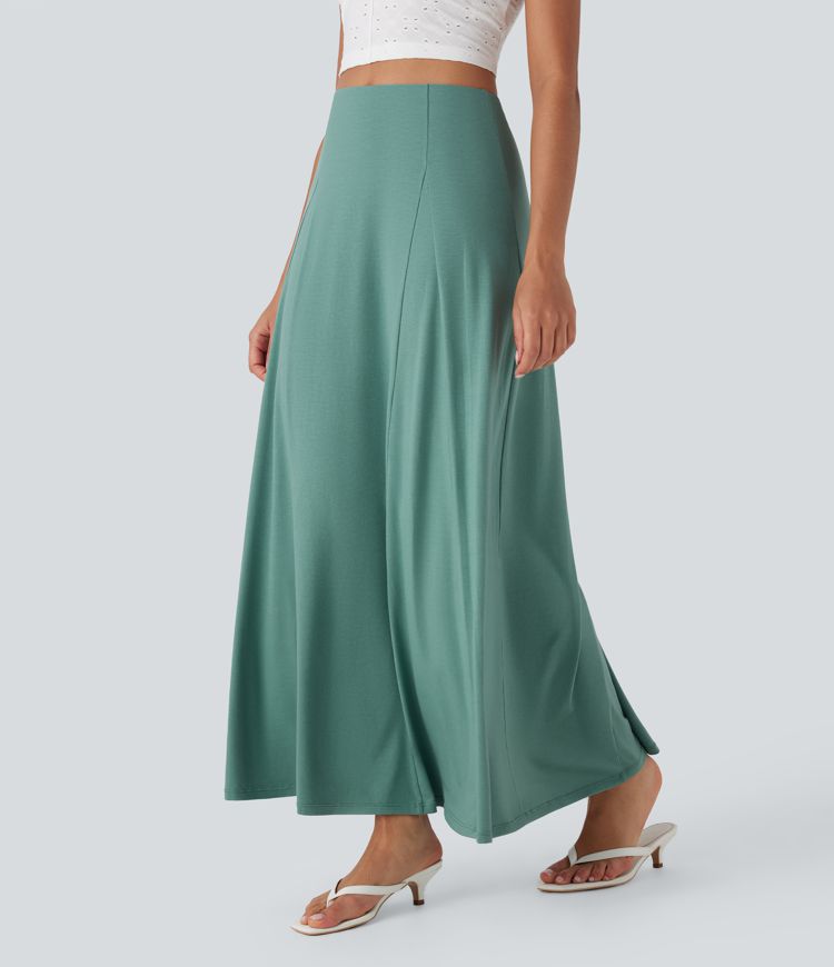 High Waisted Side Zipper Maxi Casual Flare Skirt