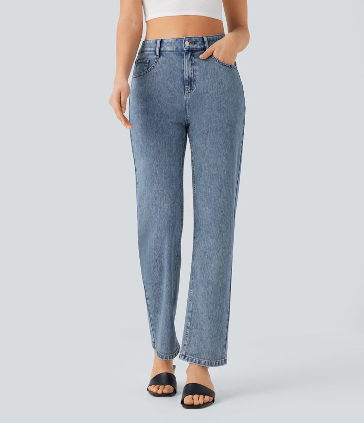 Halara Flex™ High Waisted Button Zipper Multiple Pockets Straight Leg Stretchy Knit Casual Jeans