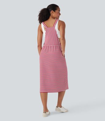 Pockets Stripe Waffle Casual Pinafore Dress