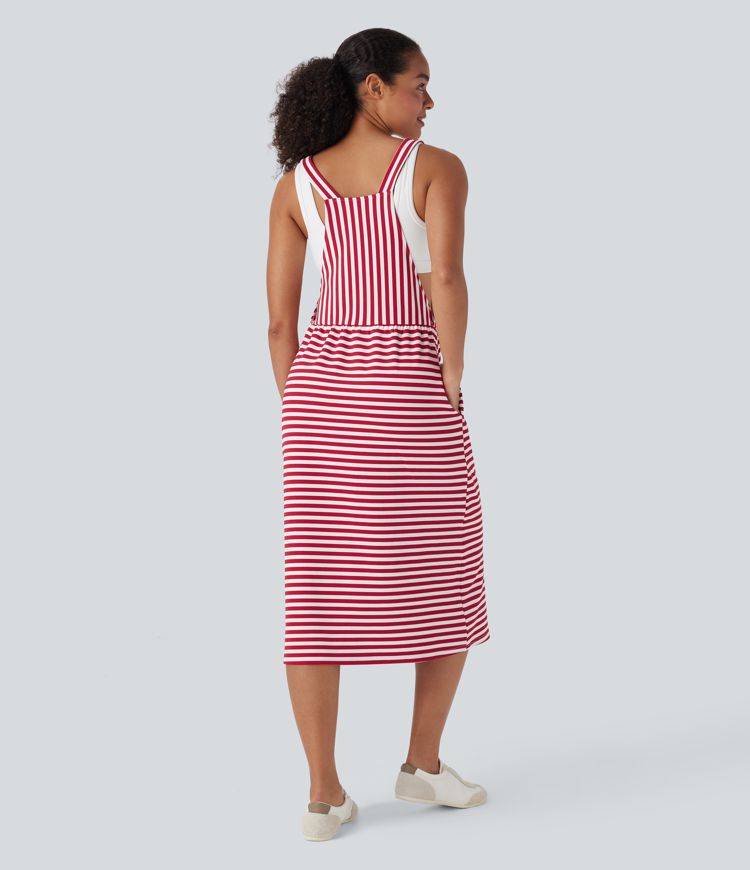 Pockets Stripe Waffle Casual Pinafore Dress