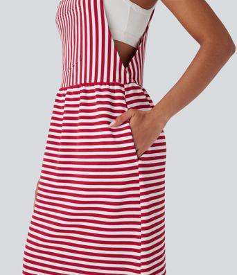 Pockets Stripe Waffle Casual Pinafore Dress
