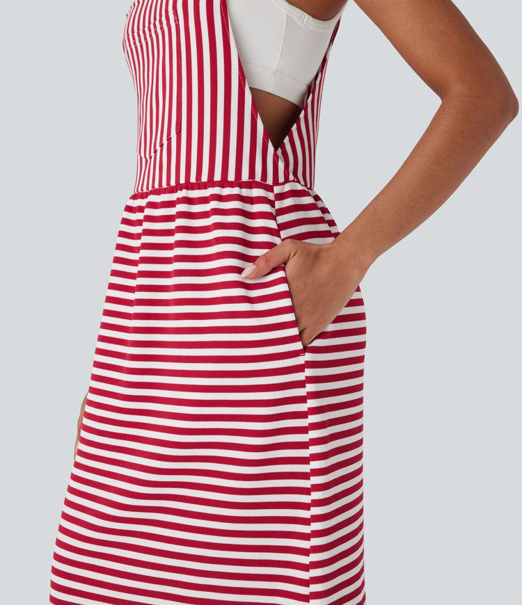 Pockets Stripe Waffle Casual Pinafore Dress