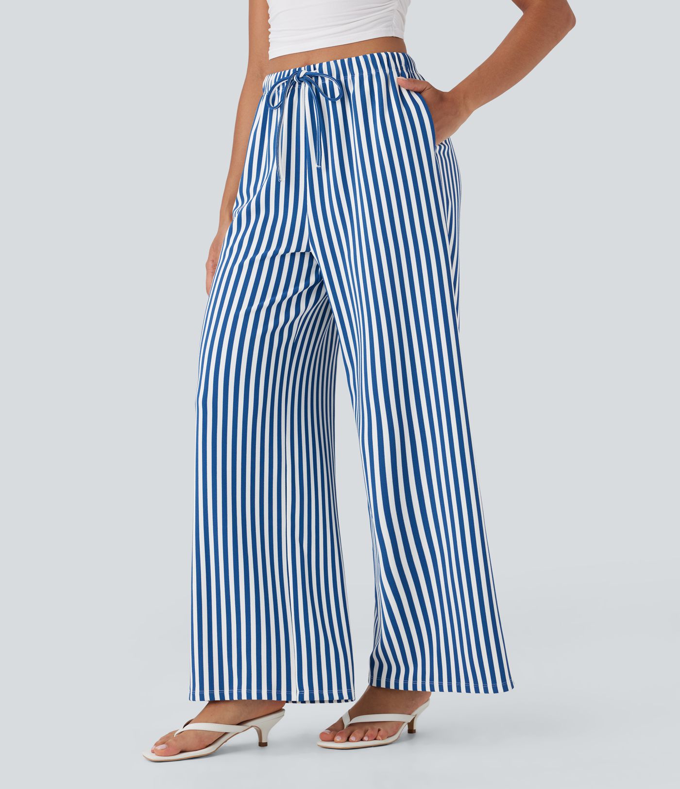 High Waisted Drawstring Stripe Waffle Wide Leg Pants with Pockets