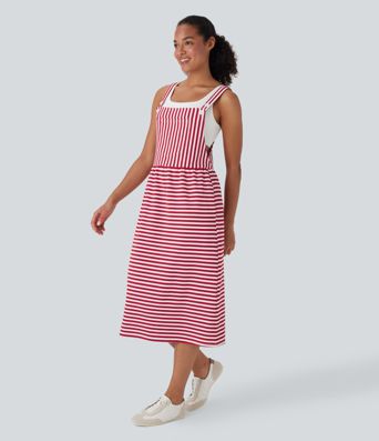 Pockets Stripe Waffle Casual Pinafore Dress