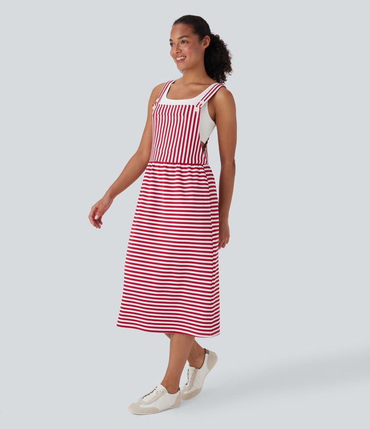 Pockets Stripe Waffle Casual Pinafore Dress