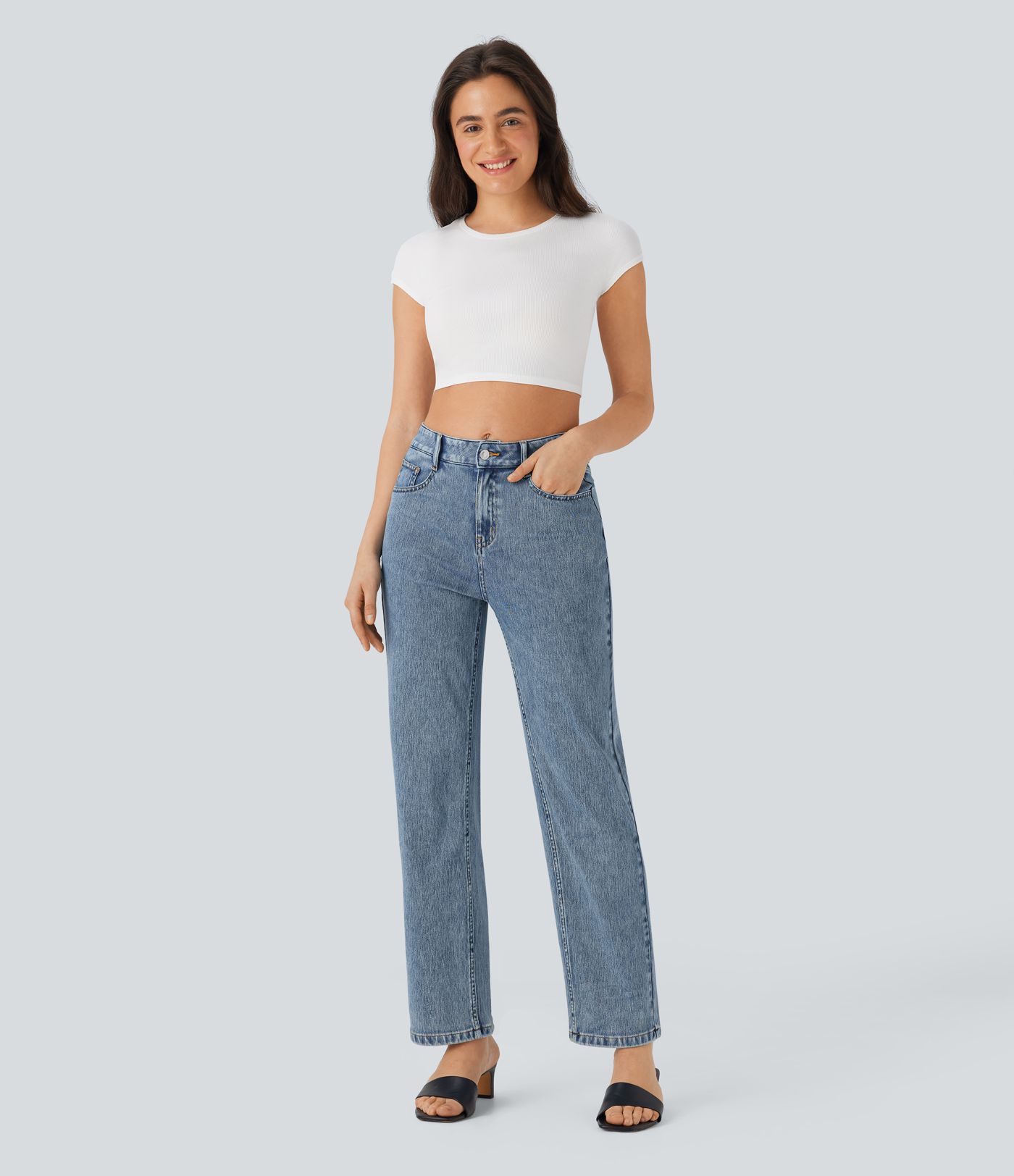 Halara Flex™ High Waisted Zipper Pockets Straight Leg Casual Jeans
