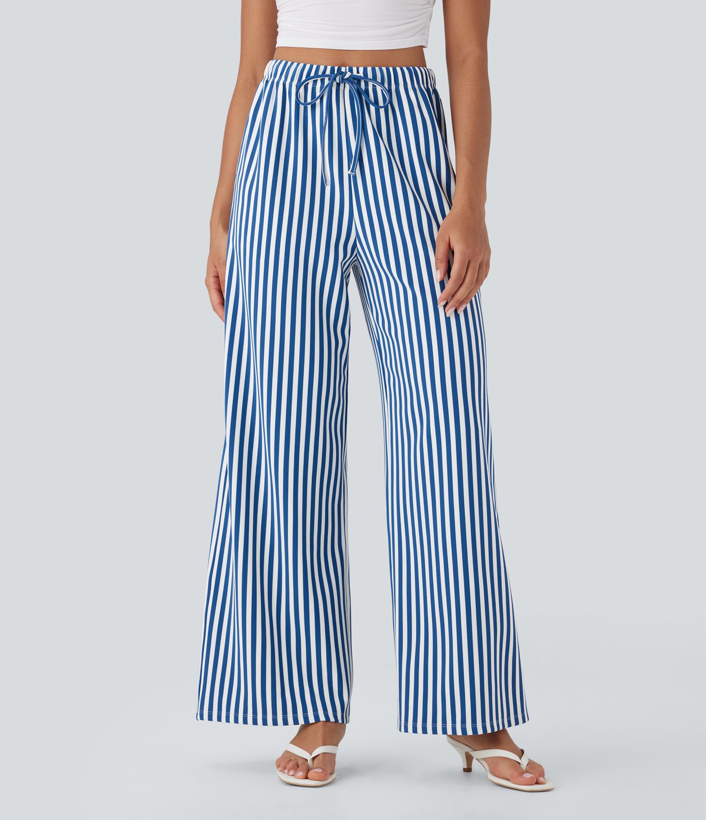High Waisted Drawstring Stripe Waffle Wide Leg Pants with Pockets