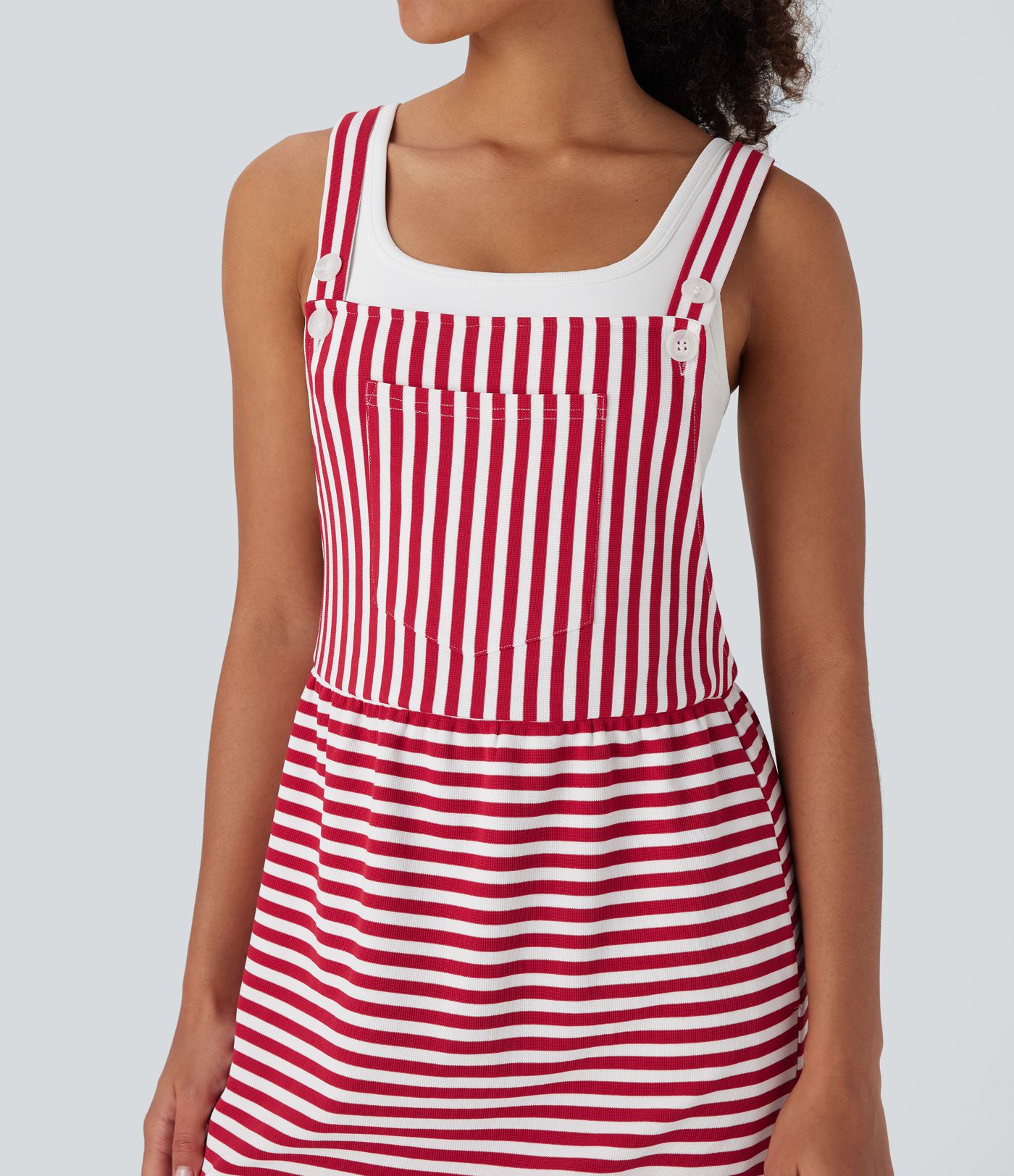 Pockets Stripe Waffle Casual Pinafore Dress