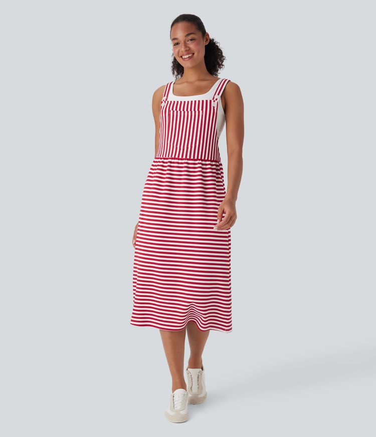 Pockets Stripe Waffle Casual Pinafore Dress