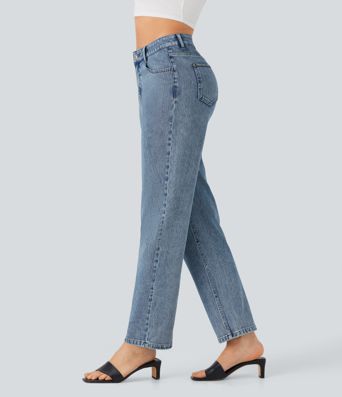 Halara Flex™ High Waisted Zipper Pockets Straight Leg Casual Jeans