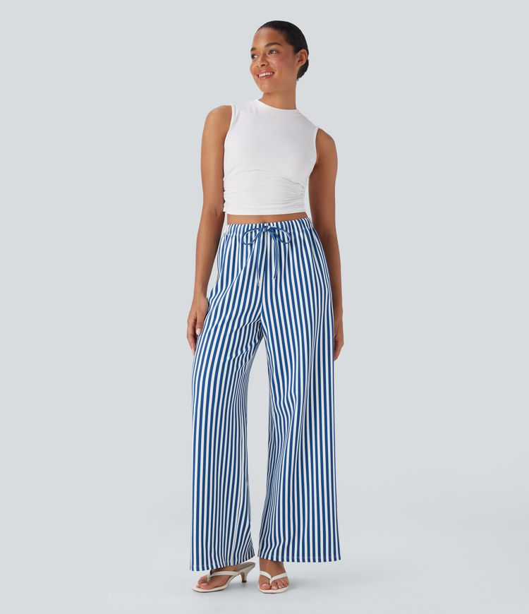 High Waisted Drawstring Stripe Waffle Wide Leg Pants with Pockets