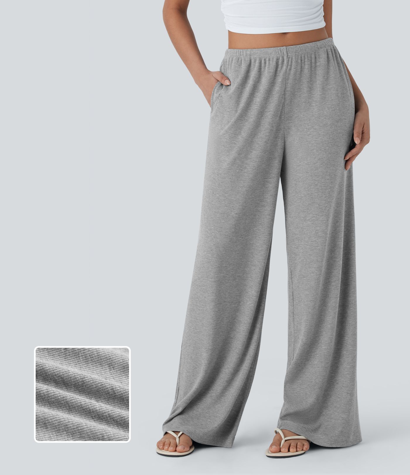 High Stretch Ribbed Low Rise Drawstring Wide Leg Flowy Casual Pants with Pockets