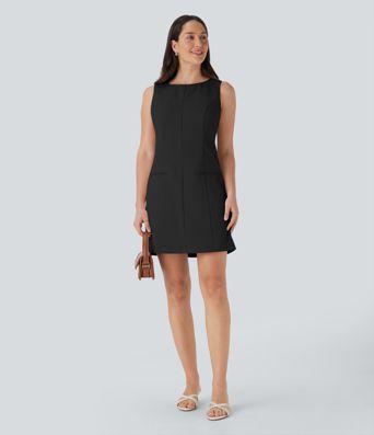 Boat Neck Sleeveless Botton Mini Work Dress with Pockets