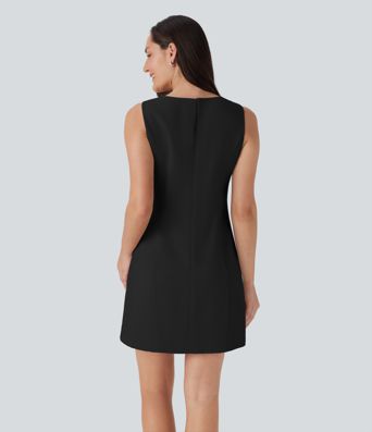 Boat Neck Sleeveless Botton Mini Work Dress with Pockets