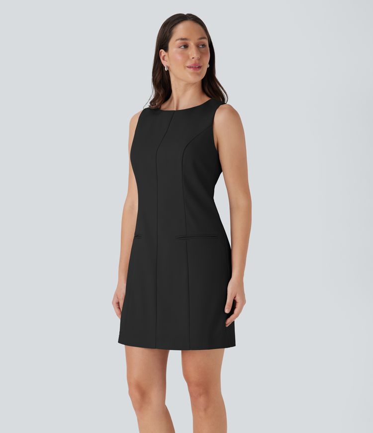 Boat Neck Sleeveless Botton Mini Work Dress with Pockets
