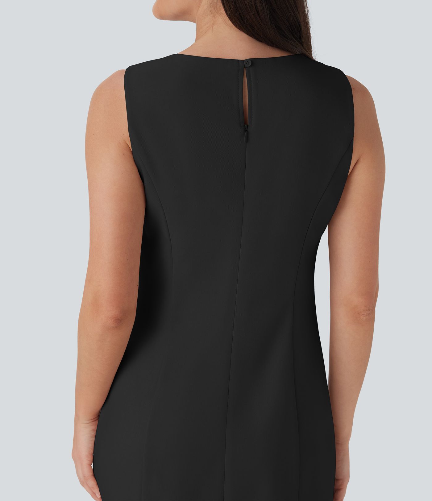 Boat Neck Sleeveless Botton Mini Work Dress with Pockets