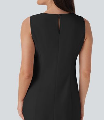 Boat Neck Sleeveless Botton Mini Work Dress with Pockets