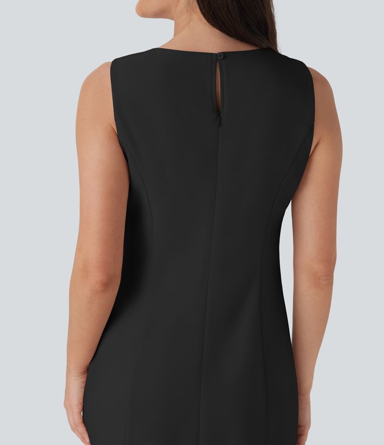 Boat Neck Sleeveless Botton Mini Work Dress with Pockets