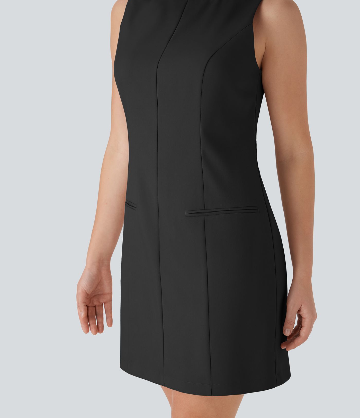 Boat Neck Sleeveless Botton Mini Work Dress with Pockets